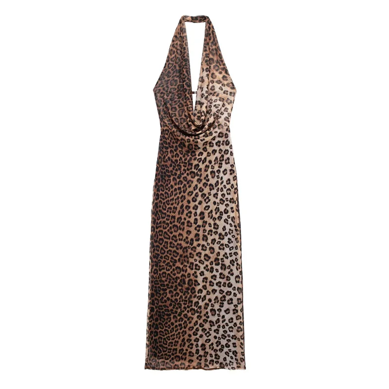 

ZBZA Summer Women's Long Dress 2024 New Fashion Classic Vintage Backless Neck Collar Leopard Print Sexy Elegant Dresses