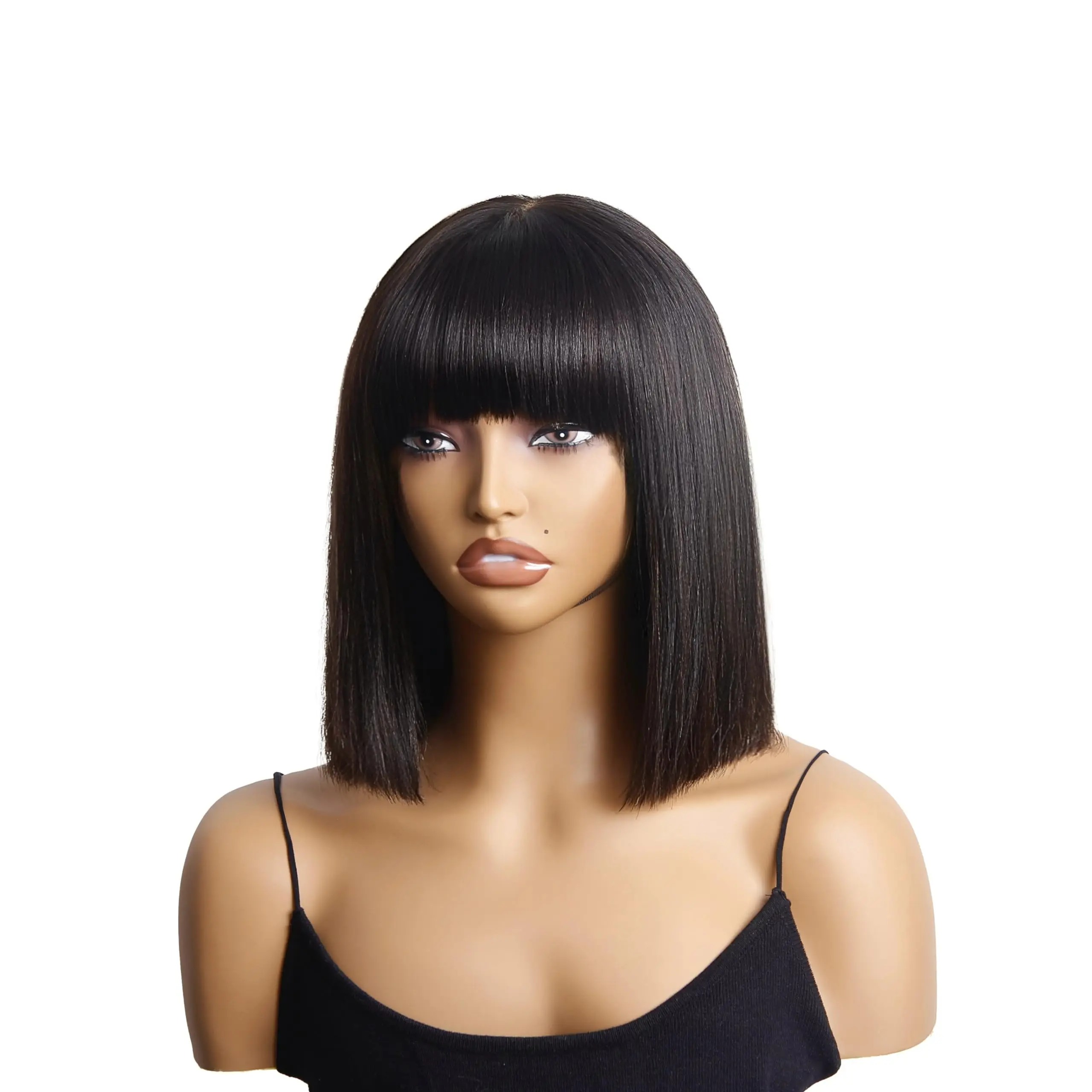 

Yaki Straigh Natural colort Human hair Wigs for Women Bobo Straight Bangs Human hair 100% Human hair 180% Density Wig