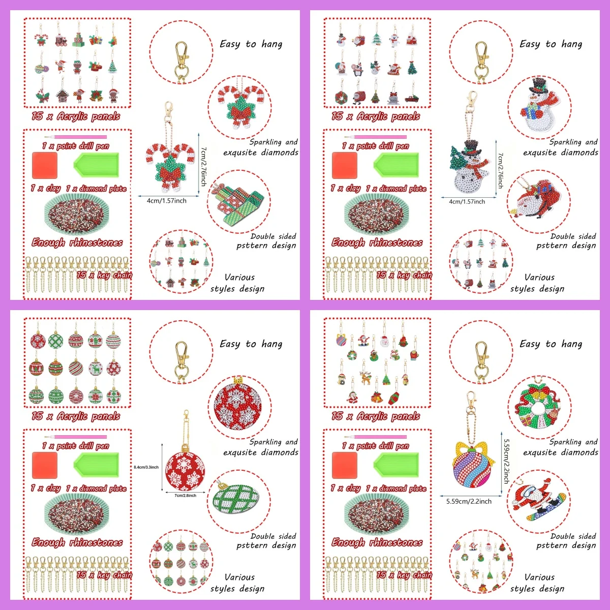 15-Piece Diamond Painting Kit Keychain Christmas Theme Acrylic Material for Backpack Accessories, Christmas Day Gifts