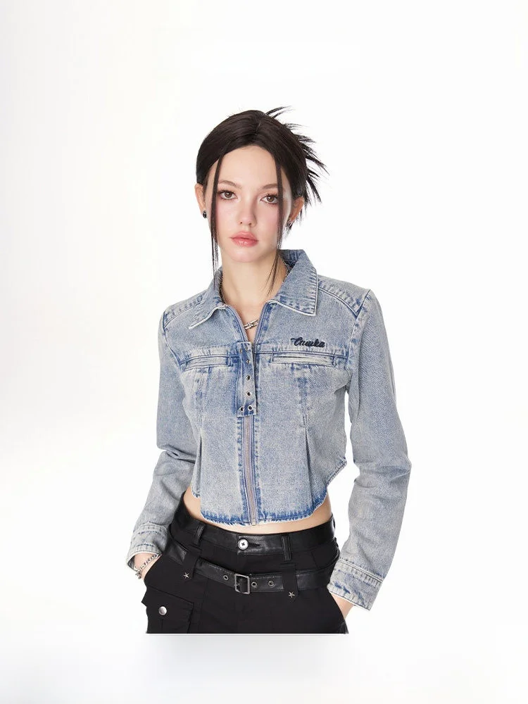 

Guukahero Women's Short Blue Denim Jacket Autumn Washed Cotton Blend Slim Fit Straight Tube Style Zipper Decorated Hot Girl Coat