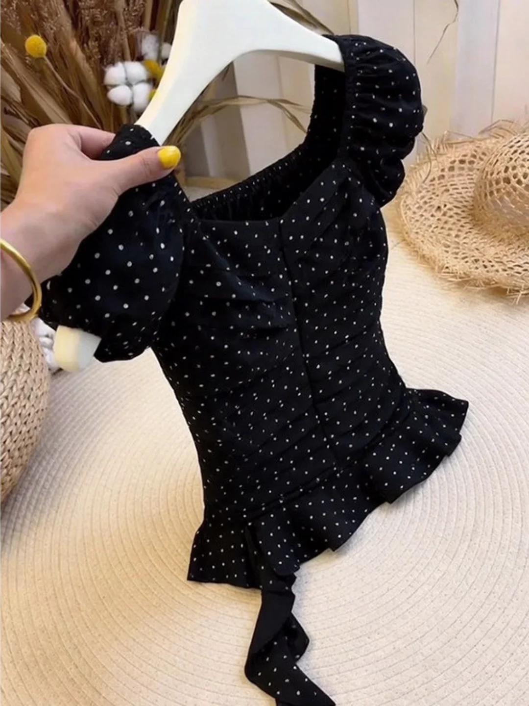 Anti-Aging Polka Dot Short Sleeve Women's T-Shirt Summer 2026 New Style Ruffle Bow Detail Cute Top French Style Standard Fit