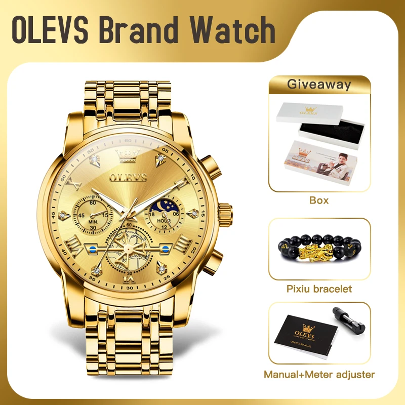 OLEVS 2856 Mens Watches Original Classic Multifunctional Chronograph Quartz Wristwatch Moon Phase 24 Hour Waterproof Mens Gifts