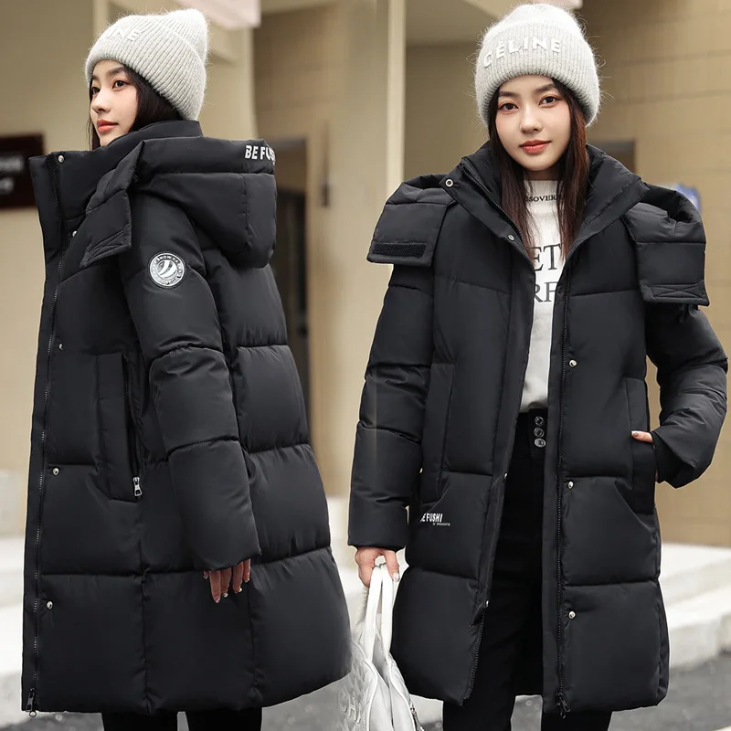 

New Women's Long Down Cotton Jacket Autumn Winter Warm Padded Jacket Fashion Female Casual Hooded Parker Overcoat Cotton Clothes