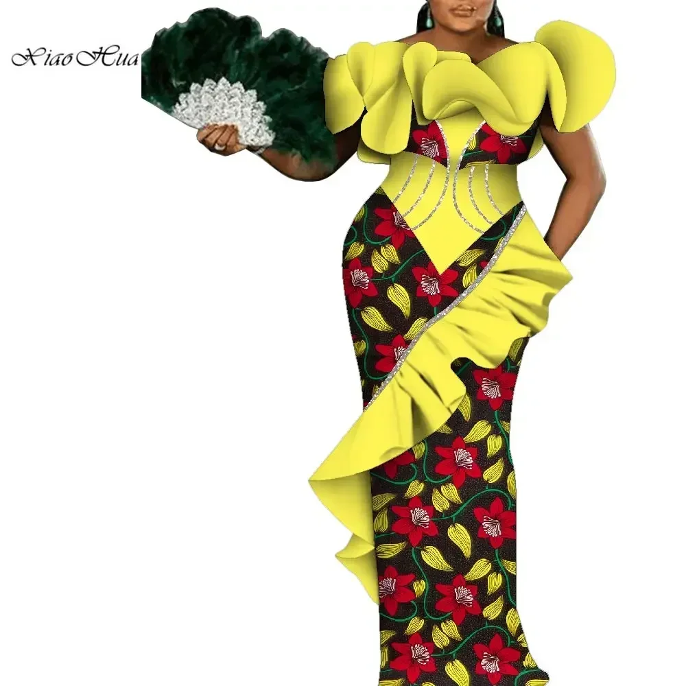 African Ankara Style Dresses for Women Sleeveless Flower Neck Dresses Party Wedding Long Dashiki Women Dress Custom Made Wy9785