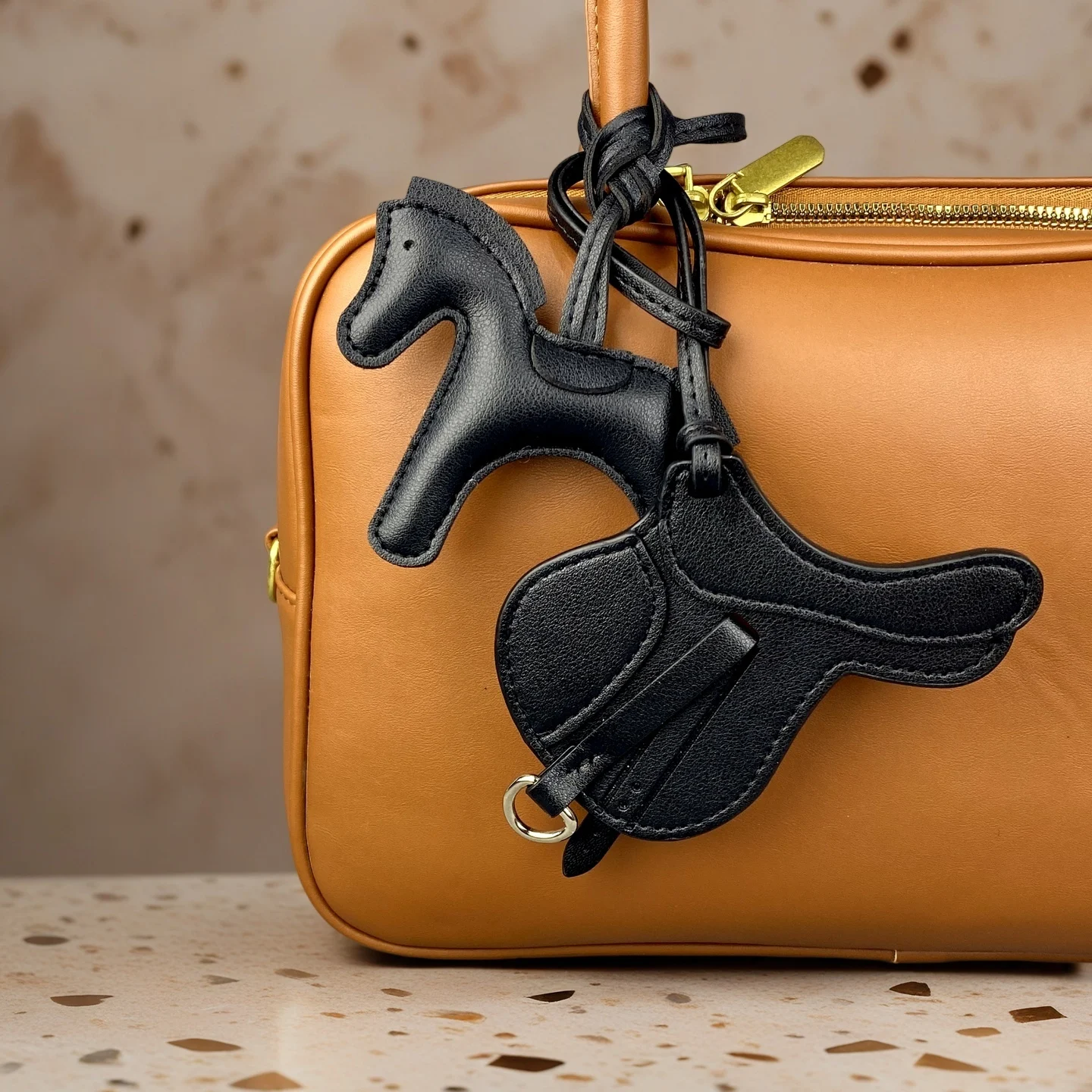 Upgraded Classic PU Leather Hanging Bag Charm – Plump Pony OR Curved Saddle with Metal Footrest – Premium Leather, Hand-Stitched