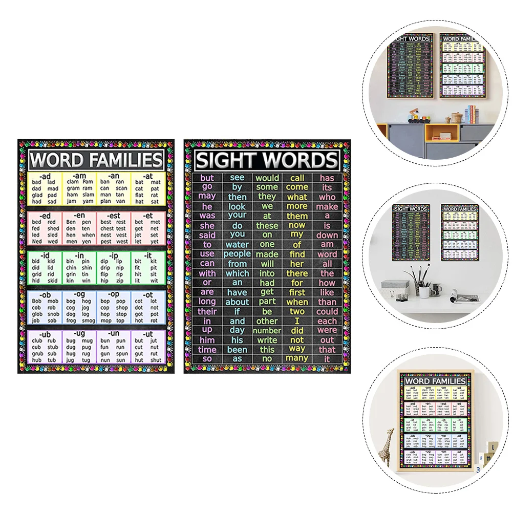 2Pcs Sight Words Posters Kids Alphabet Learning Wall Decor Educational Poster for Children English Vocabulary Home Use