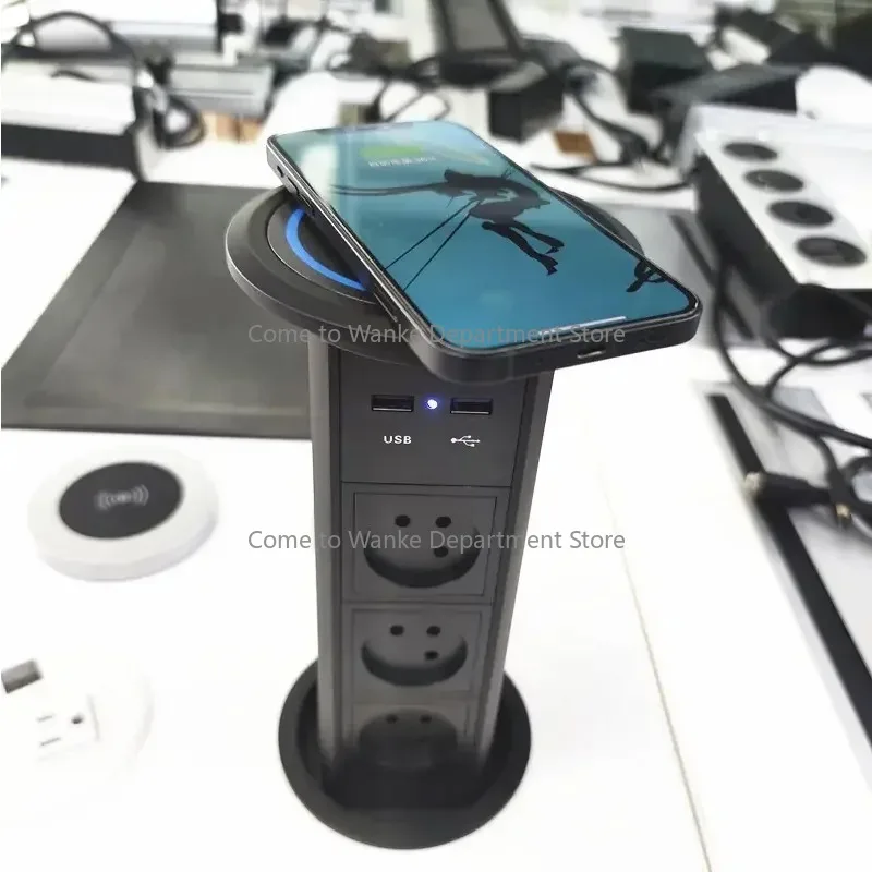 

2025 Full black EU Israel power 100 mm hole Automatic motorized intelligent electric kitchen pop up outlet with wireless chargin