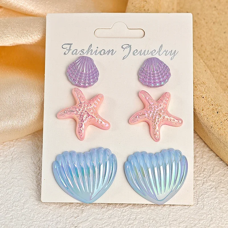 6PCS Bohemian-style Laser Heart-shaped Scallop and Starfish Stud Earrings, Multi-color Stud Earrings, For Summer Beach Vacations
