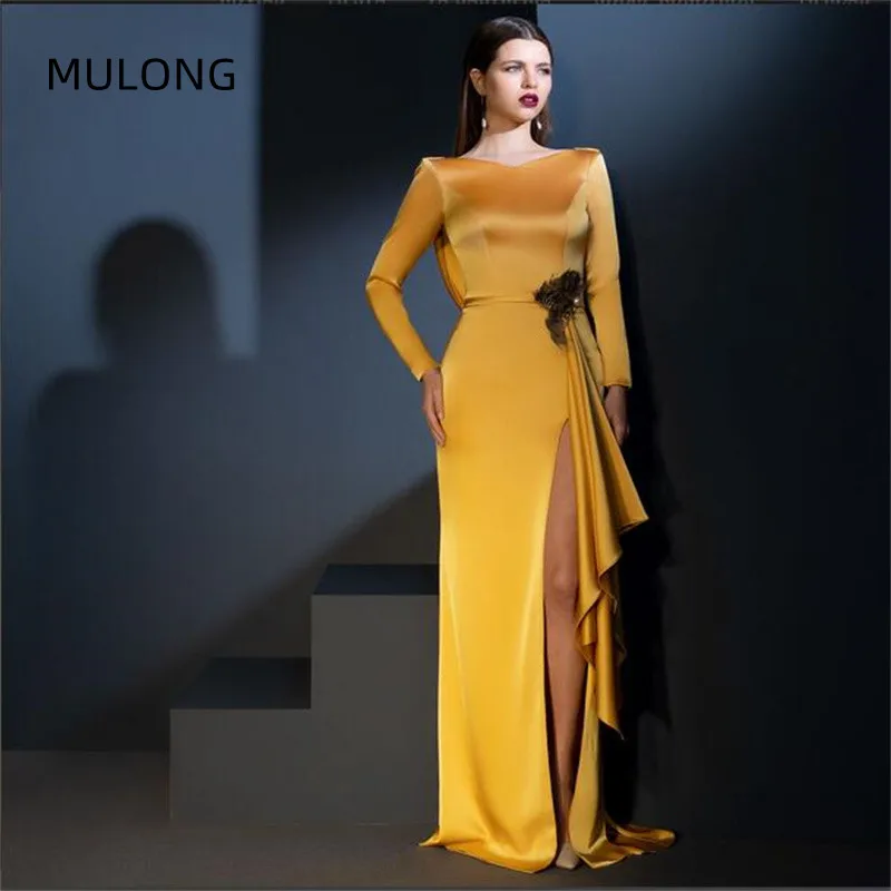 

MULONG Yellow Mother Of The Bride Evening Dresses V Neck Woman With Full Sleeves Satin Hight Split Custom Dress Plus Size