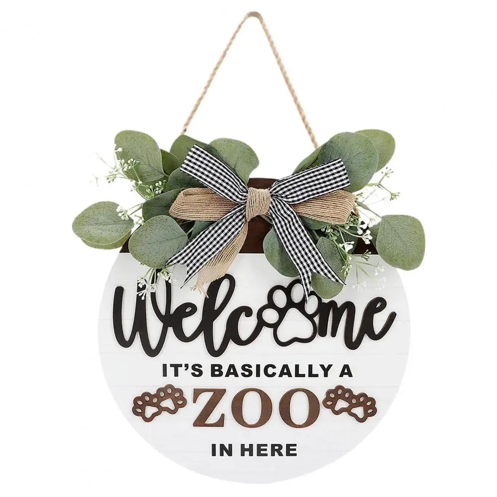 Front Door Welcome Sign 3D Rustic with Dog Paws Green Leaves Decoration Bow Tie Door Sign Home