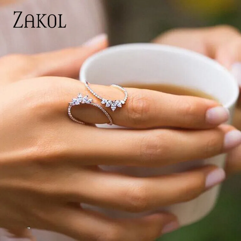 ZAKOL Cute Style White Color CZ Zirconia Leaf Open Rings Geometric Adjustable Ring Jewelry for Women Party Gift RP2015