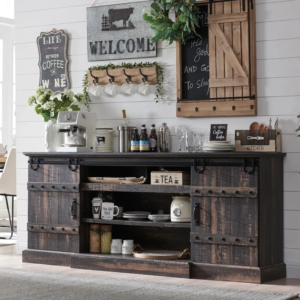 

Sideboard Buffet Cabinet with Storage, Farmhouse TV Stand w/Sliding Barn Door, Rustic Long Coffee Bar