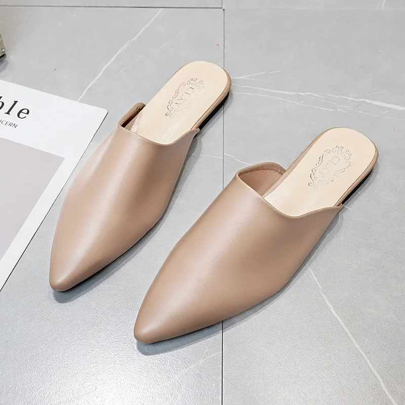 Women Spring Summer Slippers Mules Soft Leather Pointed Toe Slip On Sandalias Soild Mature Fashion Casual Low-heeled Shoes Mujer