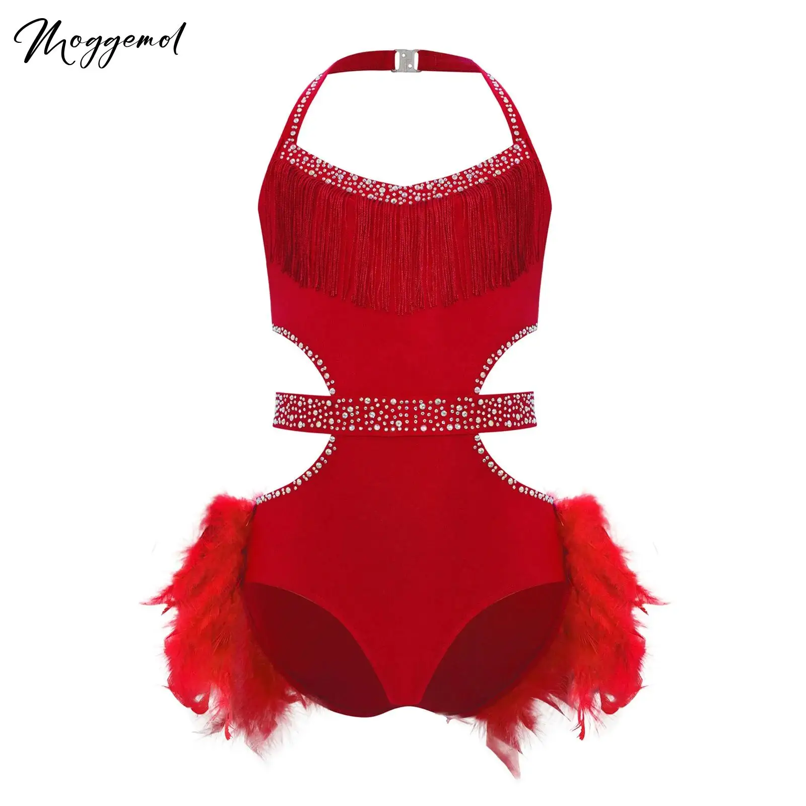 

Платье для латинских танцев для девочек, костюм для выступлений, платье-купальник без рукавов с вырезом и блестящими стразами, лиф с перьями и юбкой