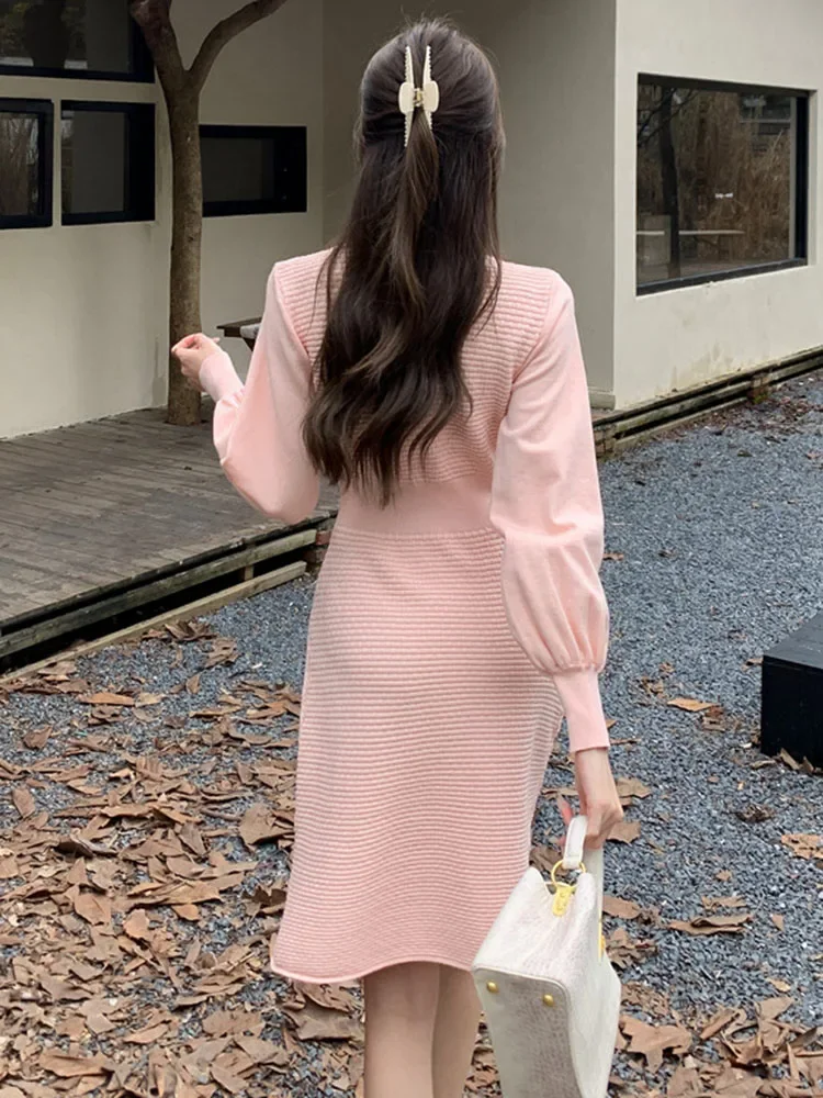 خريف شتاء حلو محبوك الخامس الرقبة Vestidos خمر عادية كم طويل أنيقة Elbise الكورية تصميم سليم ألفي مبطن فستان تريكو