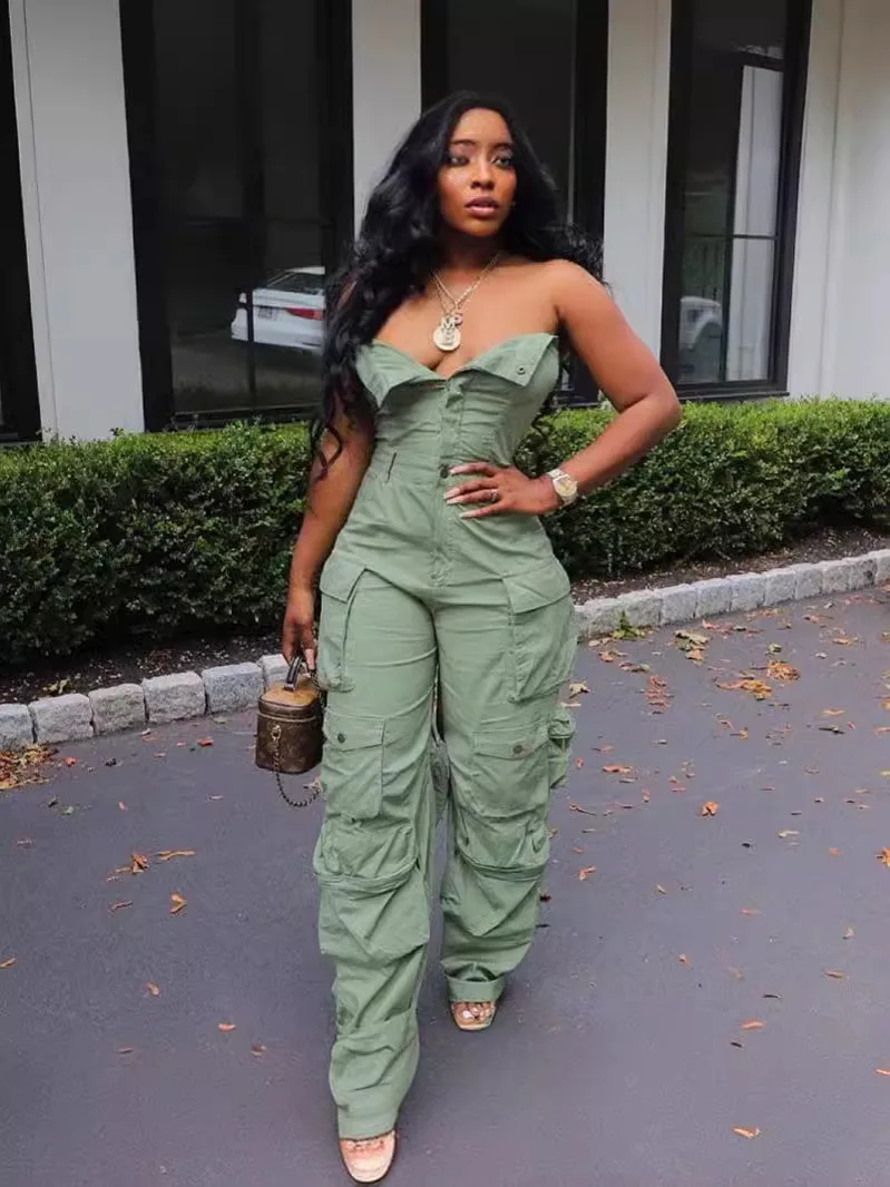 

BKLD New Elastic Sexy Single Breasted Strapless Slim Fit High Waisted Sleeveless Pockets One Pieces Cargo Pants Jumpsuits