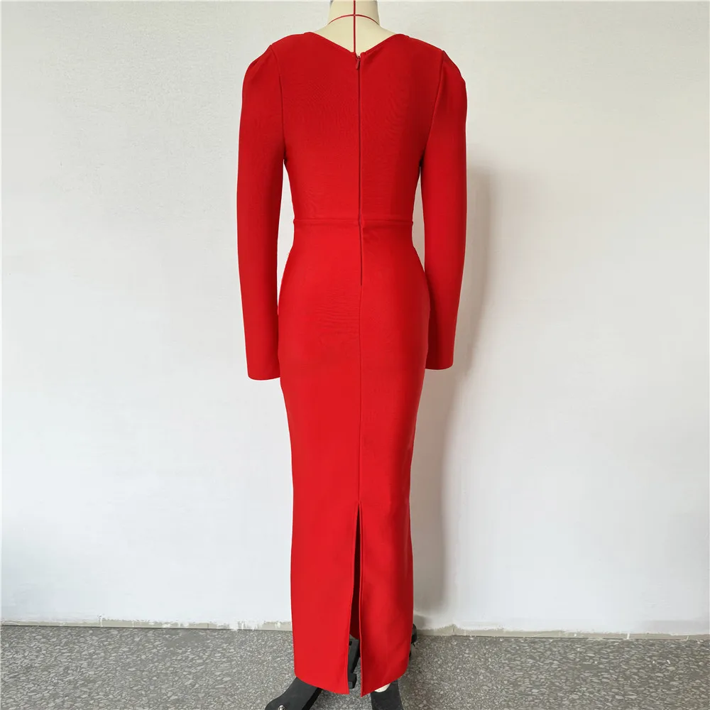 Femmes de luxe rouge robe de pansement élégant à manches longues col carré découpé longue anniversaire célébrité soirée Club robes de soirée Gala