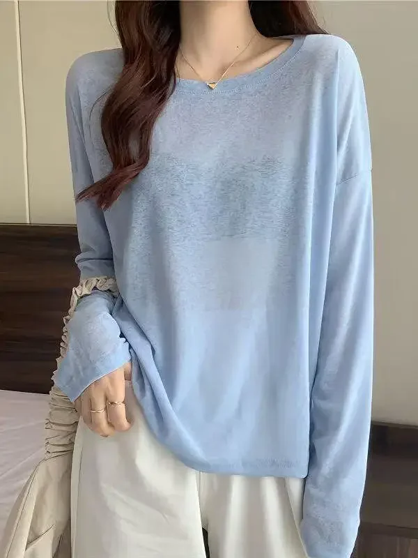 T-shirt a maniche lunghe sottile primavera/estate da donna con protezione solare in seta di ghiaccio grande 2025 Camicia con copertura esterna comfort Top ampio stile pigro