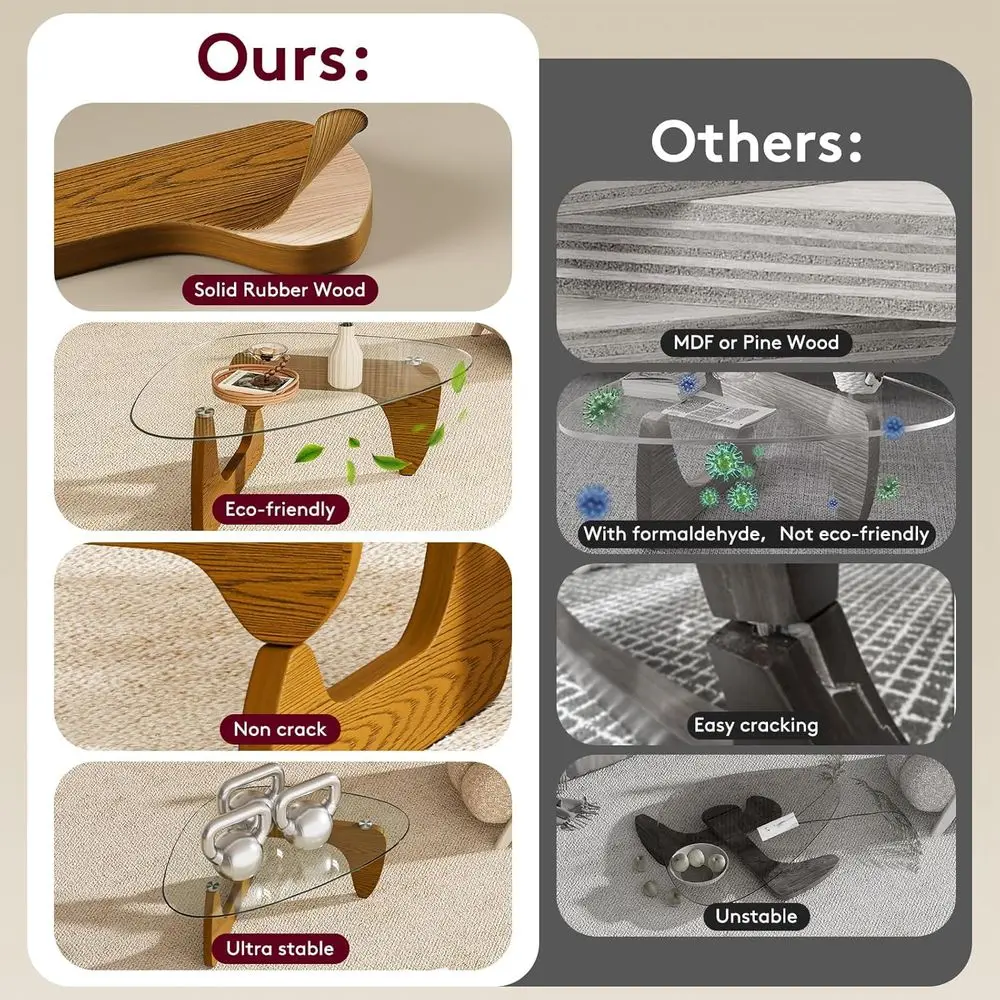 強化ガラス付きウォールナット三角コーヒーテーブル、42.5 x 28.5 x 16.1、小さなスペース向けのモダンなミニマリストデザイン