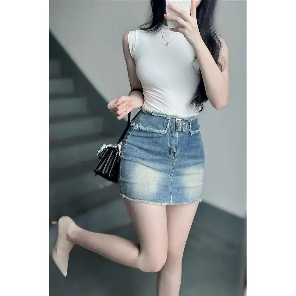

Retro Distred Denim Skirt High Waist Women's Pear aped All-Match Small Spicy Girl Arm Wrap ort Summer Skirt