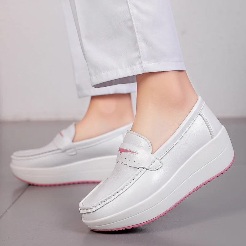 Women Platform Wedges Casual Shoes Loafers Soft Nurse Work Shoes Breathable Comfortable Non-slip White Leather Nursing Shoes