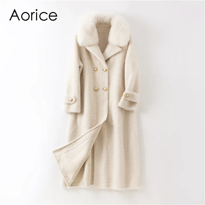 Aorice feminino casaco de pele de ovelha real casaco de lã feminino gola de pele de raposa x-long trench plus size parkas casacos h1706