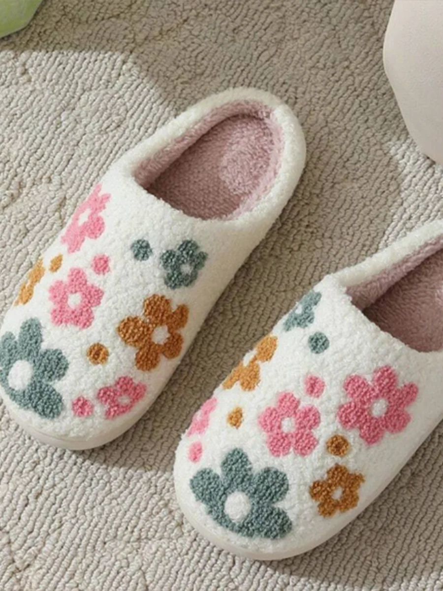 شبشب شتوي نسائي جديد مريح للمنزل لطيف زهور ملونة شتوية للزوجين دافئ داخلي