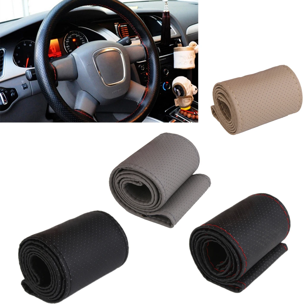 14.96″ DIY Steering Wheel Covers Hand-stitched PU Leather Braid Steering-Wheel Of Car With Needle Thread Interior Accessories