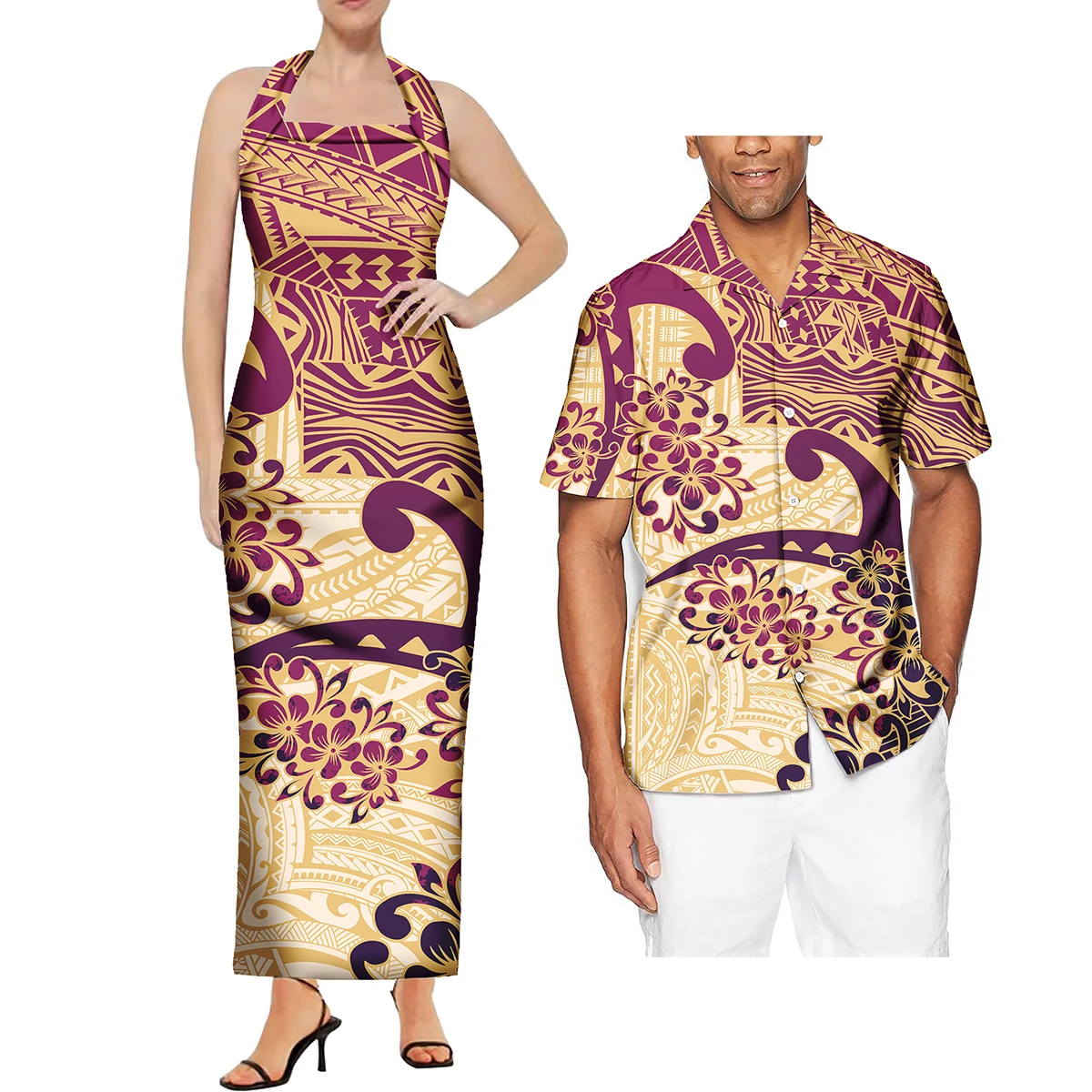 

High Quality Customized Polynesian Halter Backless Samoa Puletasi And Mens Shirt Aloha Plus Size Couples Matching Outfits