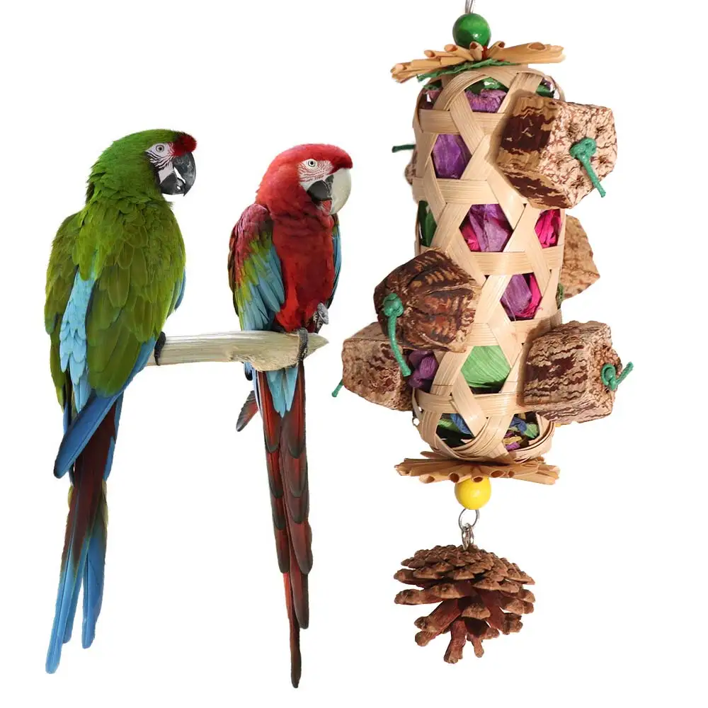 Bite Resistant Pet Bird Chew Toy Bamboo Woven Colorful Parrot Foraging Basket Hanging Cornhusk Pinecone Toy for African Birds