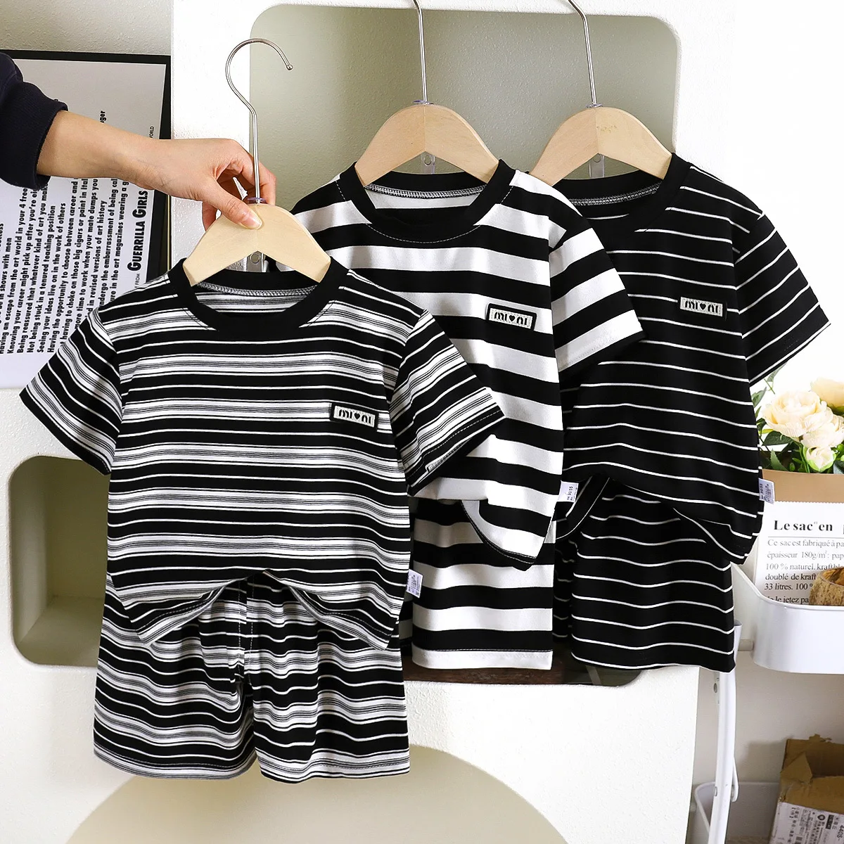 New Summer Children's Top and Bottom Clothes Set Striped Cotton Casual Sports Short Sleeve Two Piece Set for Children 0-5 Years