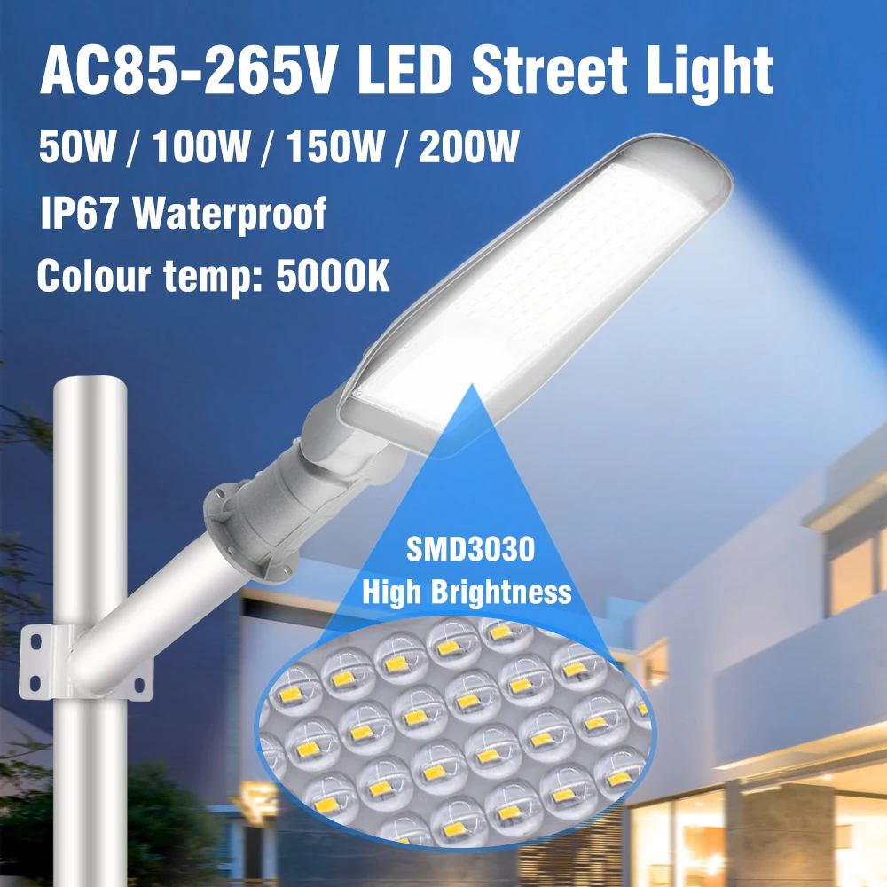 ไฟถนน LED AC85-265V ความสว่างสูงกันน้ำระดับ IP66 50W 100W 150W 200W SMD3030 5000K สำหรับให้แสงสว่างกลางแจ้ง