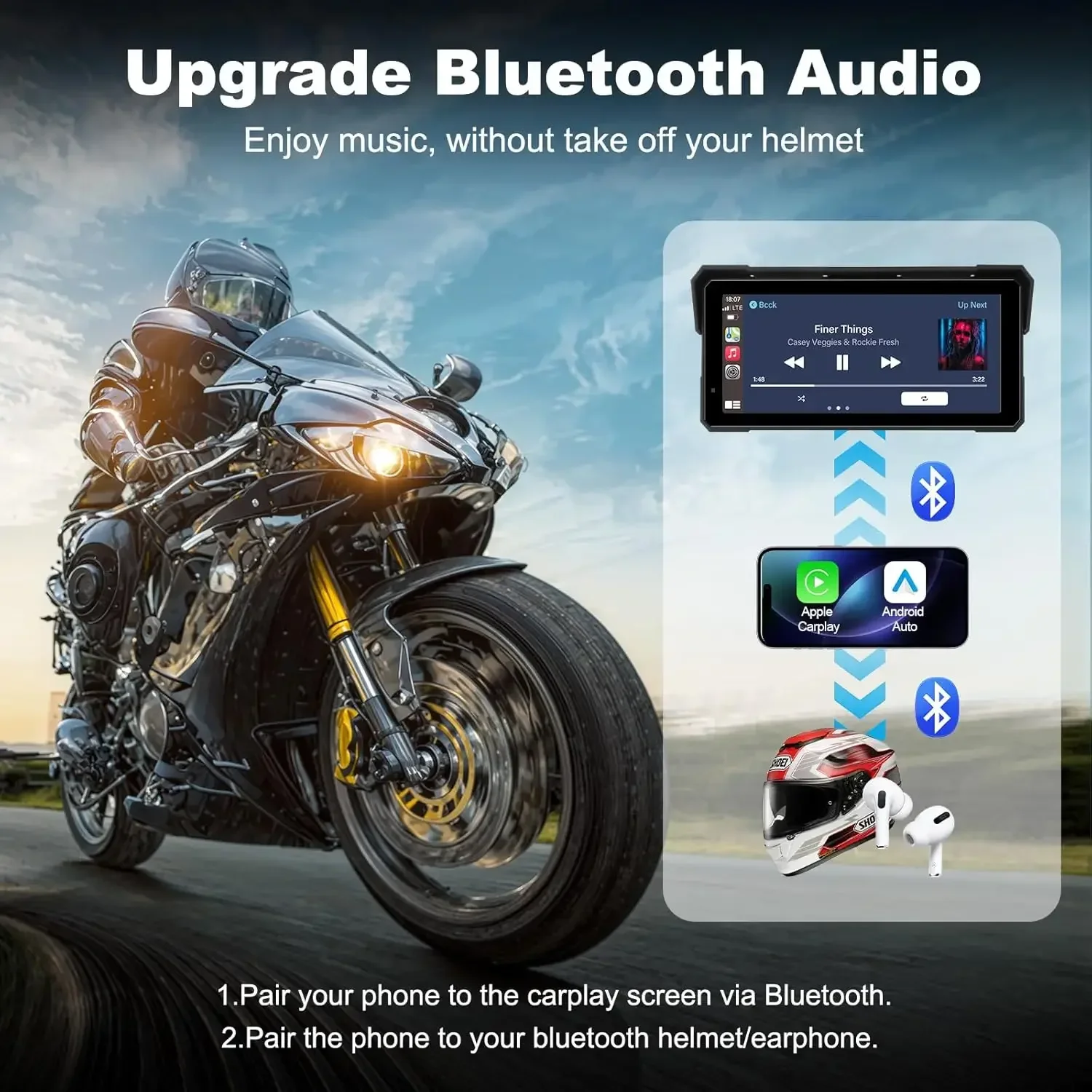 8.1 inch Motorcycle DVR GPS Navigation Support 4K+1080P Camera Wireless CarPlay&Android Auto IPX7 Waterproof IPS Display view 3