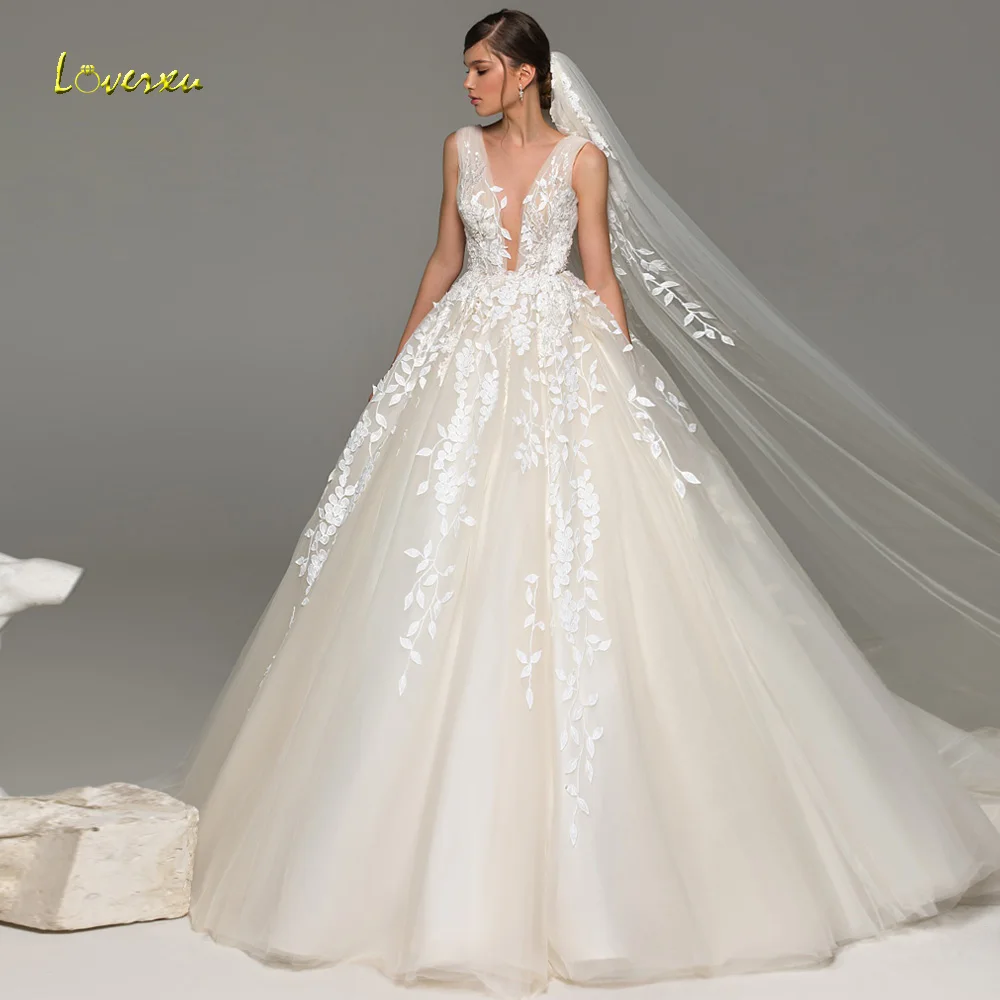 Loverxu Ball Gown Wedding Dresses V- Neck Sleeveless Court Train Vestido De Novia Gorgeous Appliques Custom Made Bridal Gown