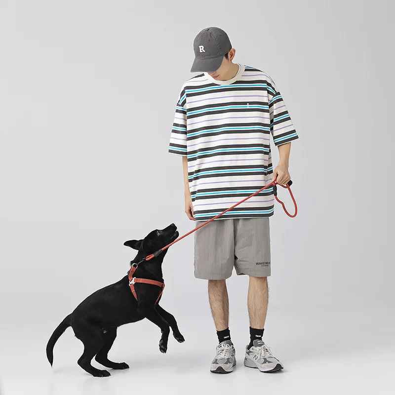 Japanese Stripes T Shirt Men Round Neck Short Sleeve Casual Tees Colour Horizontal Stripe Cotton T-shirts Summer Tops Streetwear