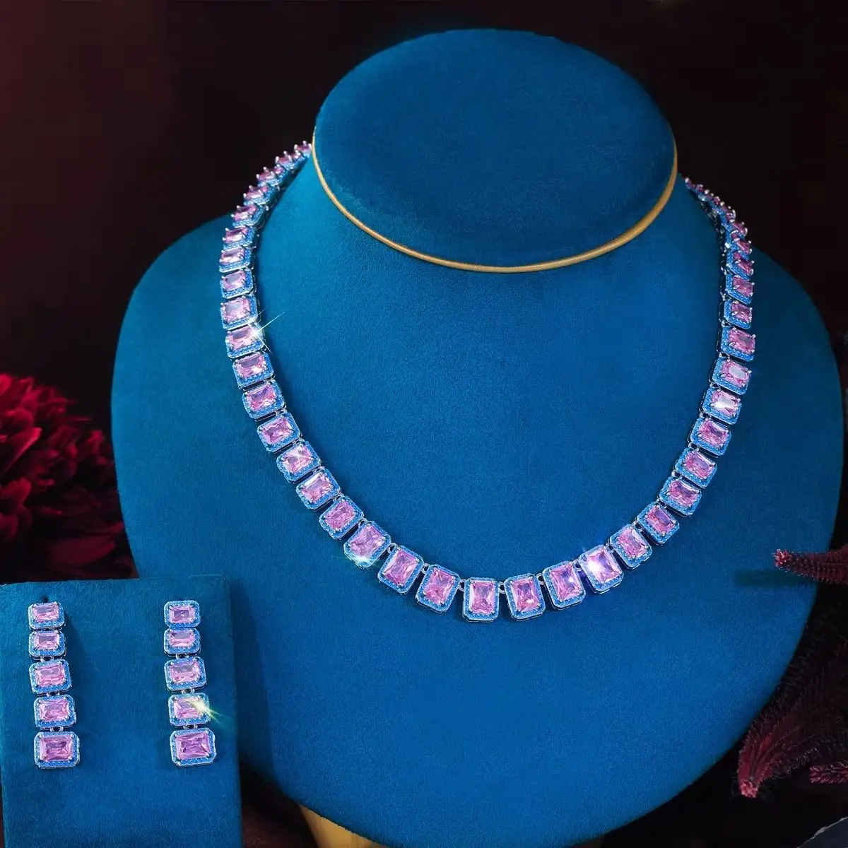 Pera Women's Pink Rectangle Zirconia & Turquoise Tennis Chain Choker Necklace And Earrings Set Wedding Jewelry Set J081