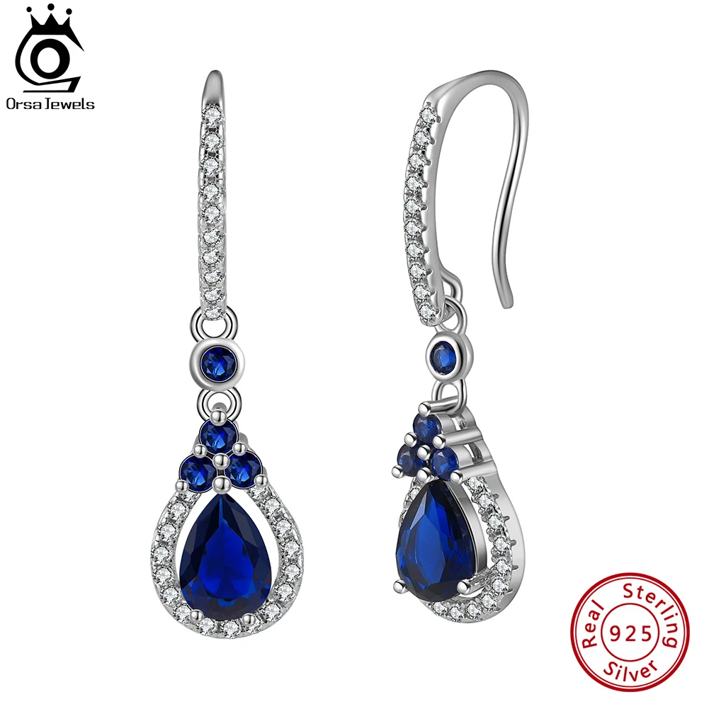 

ORSA JEWELS Brilliant 925 Sterling Silver Dangle Created Sapphire Earrings with Premium Shiny Zircon for Women Jewelry LZE12