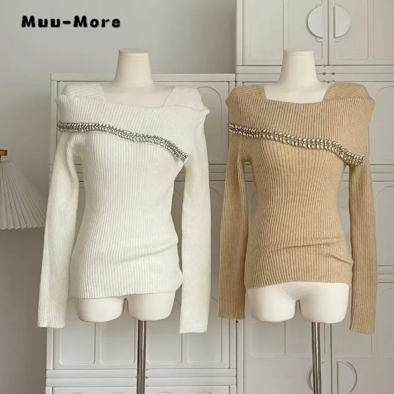 

Hotsweet Casual Square Collar Knitting Long Sleeve Gyaru Pullovers Women Coquette Beading Decoration Sheath Ladies Sexy Sweater
