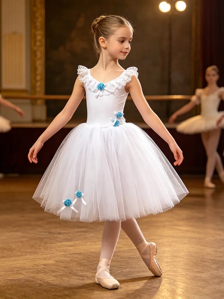 Robe de danse pour filles en tulle et gaze, coupe trapèze, avec fleurs bleues, longue, style Lac des cygnes, costume de ballet de haute qualité pour compétition et performance