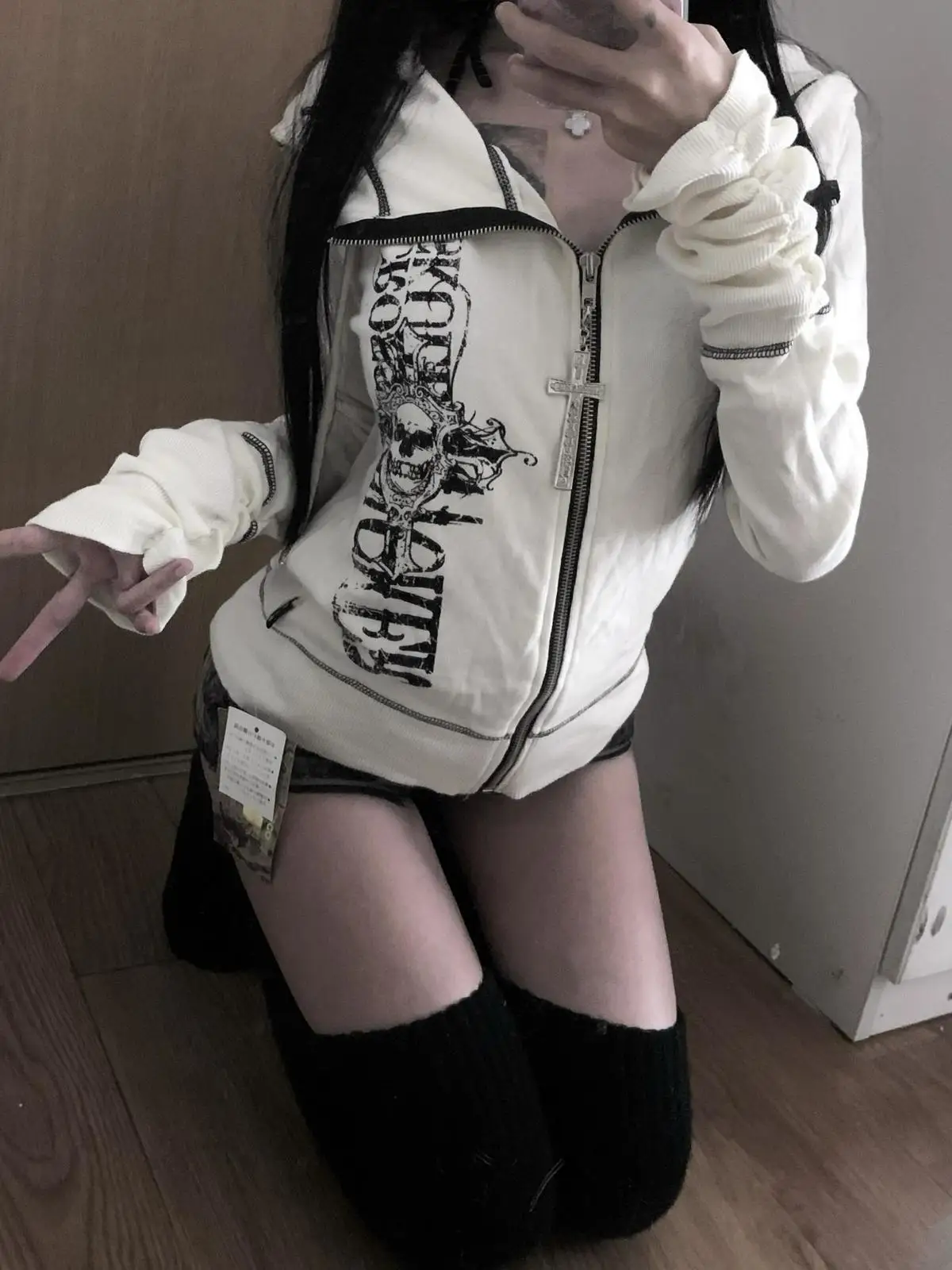 Harajuku Y2k القوطية معطف مقنع المرأة 2025 الخريف جديد عادية كل مباراة جاكيتات ثقافة فرعية اليابانية الأسود القمم Mujer البلوز #1