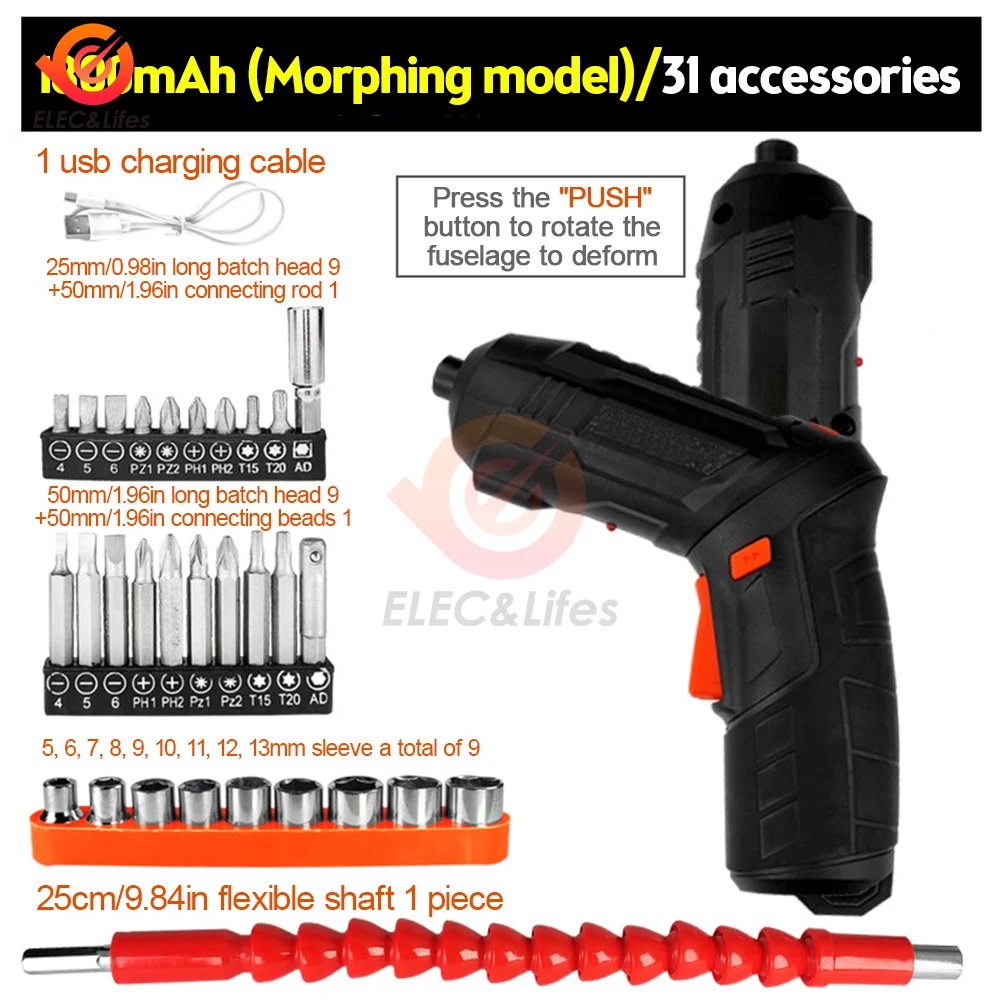 Electric Screwdriver Cordless 31 in 1 Rotated 90 Degrees Rechargeable Portable Screwdriver 15 in 1 for Home Office DIY Tools