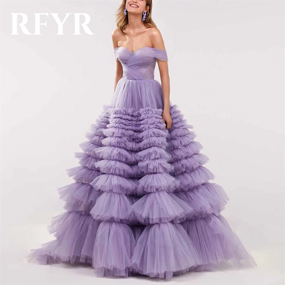 

RFYR Purple A-line Evening Dresses Off The Shoulder Sweetheart Vestidos De Noche Tiered Tulle Prom Dress with Pleats Party Dress