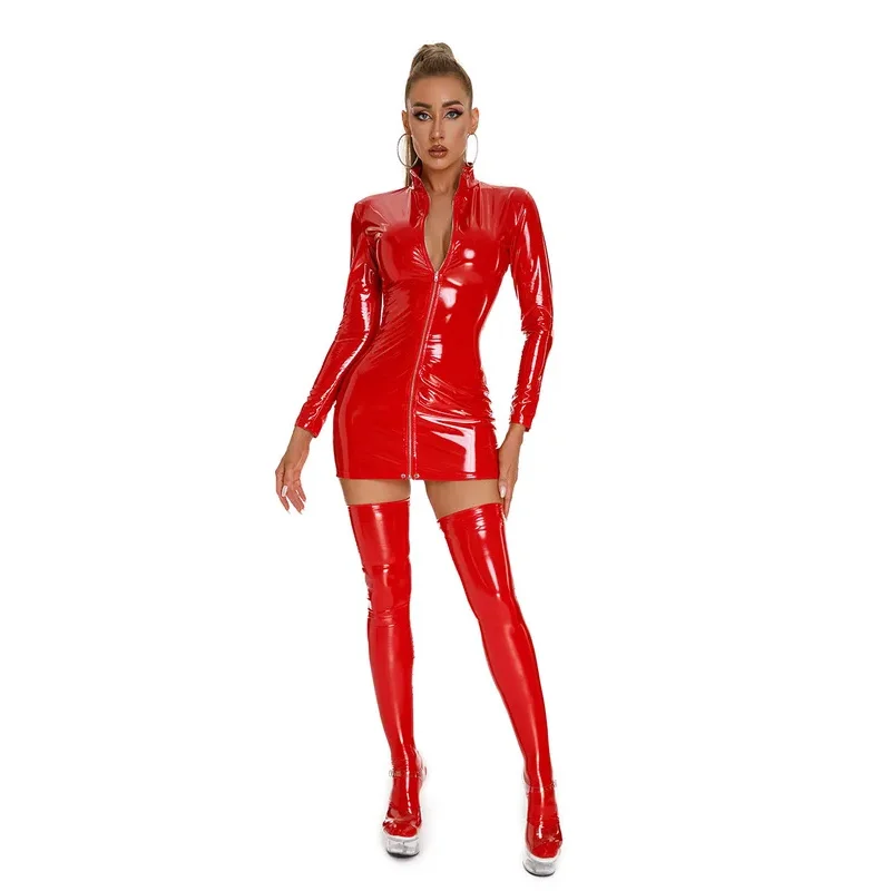 

Sexy PVC Faux Leather Wetlook Zipper Mini Dress Nightclub Erotic Long Sleeve Shiny Latex PU Micro Pole Dance Cosplay Costume tt9