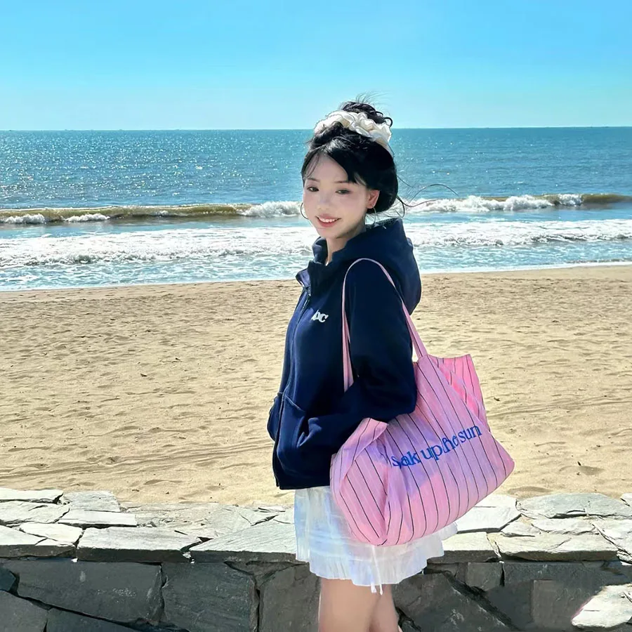 Borsa a tracolla da donna a righe Borsa a tracolla versatile ed elegante da donna Semplice con manici Borse da viaggio di grande capacità