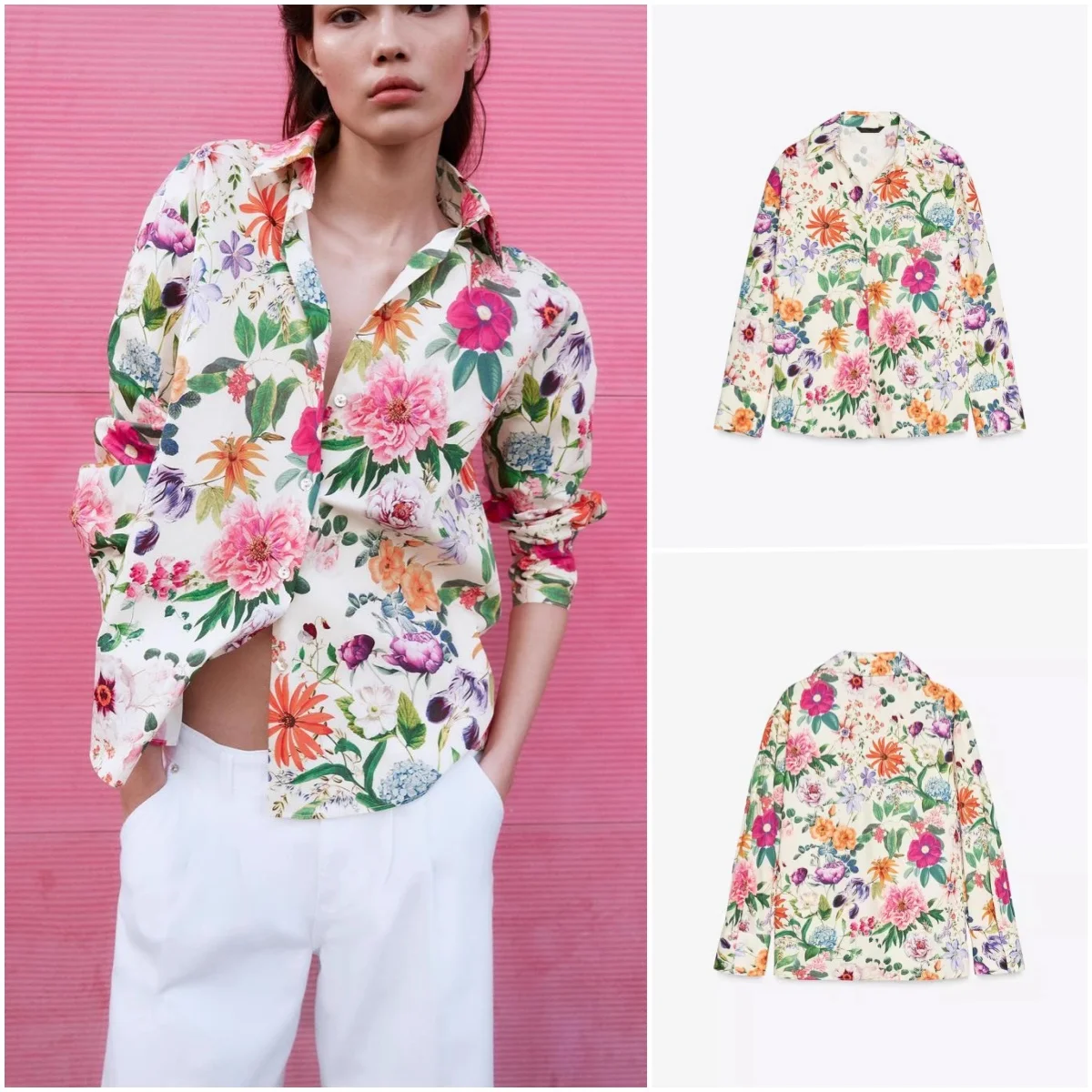 Primavera nuove donne casual lungo Sve colletto rovesciato stampa floreale seta irt pendolari Faion fibra di poliestere 00%