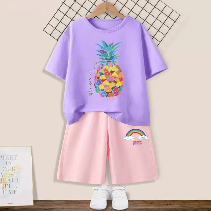 Fashion Girls Summer Clothes Sets Children T Shirt + Shorts 2 Pieces Suit Cute Fruit Pineapple Kids Sportswear 3-14 Years