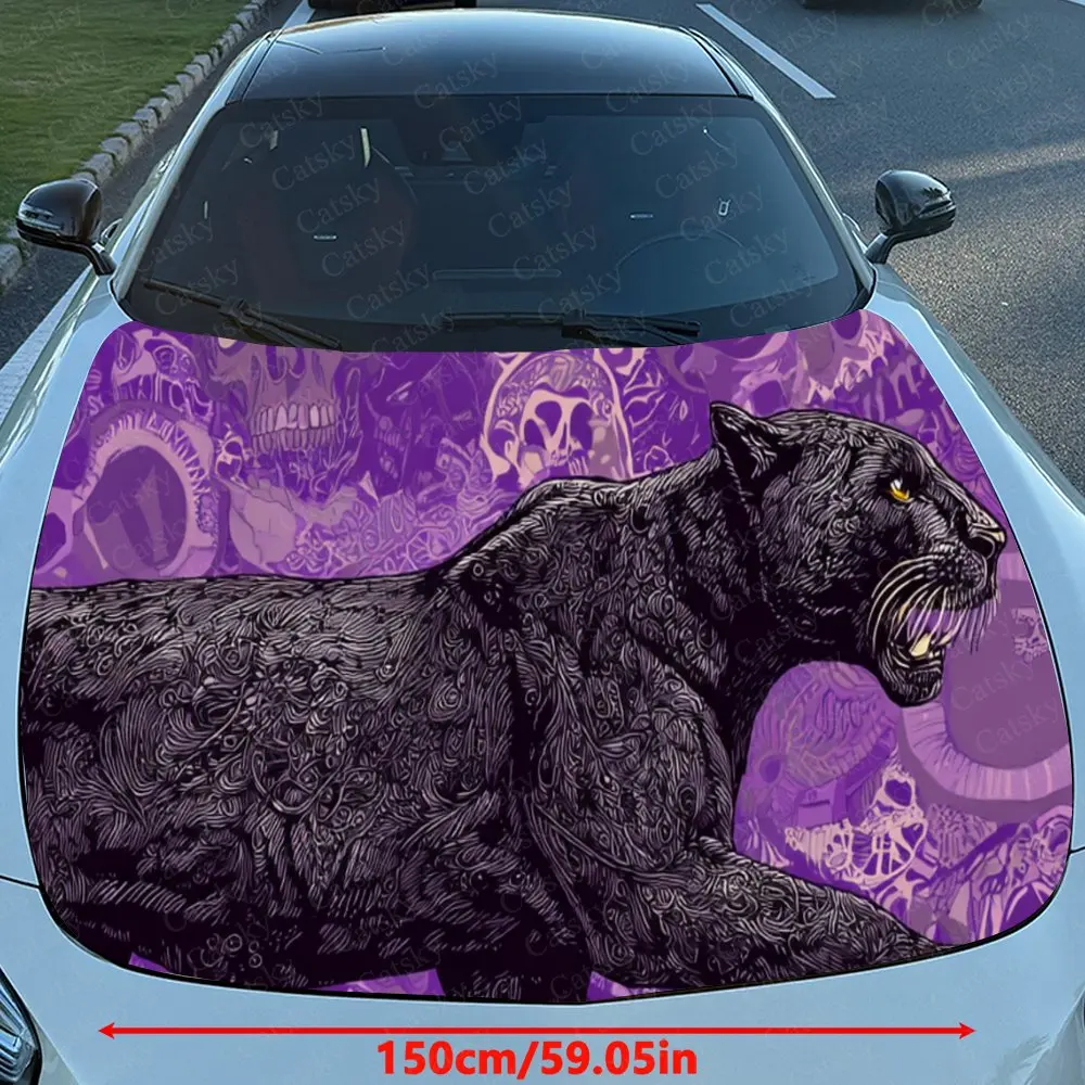 Car Decal Purple-Background Panther in Lateral Dynamic Posture with Intricate Ornate Artistic Design Car Hood Sticker, Waterproo