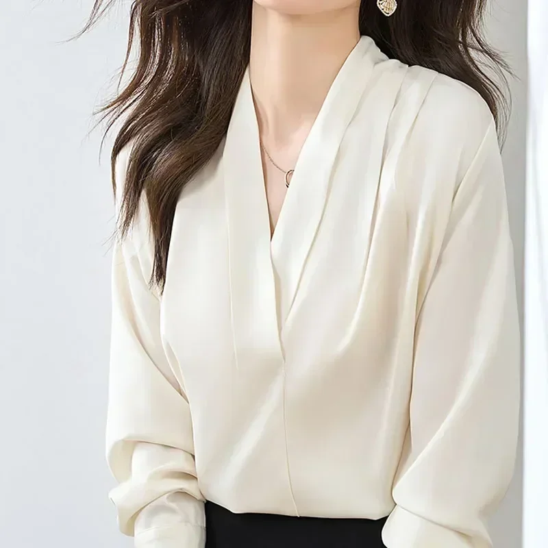 

Female Clothing Tops Women Autumn New Fashion V Neck Satin Blouse Office Lady Elegant Apricot Long Sleeve Shirts Blusas 29464