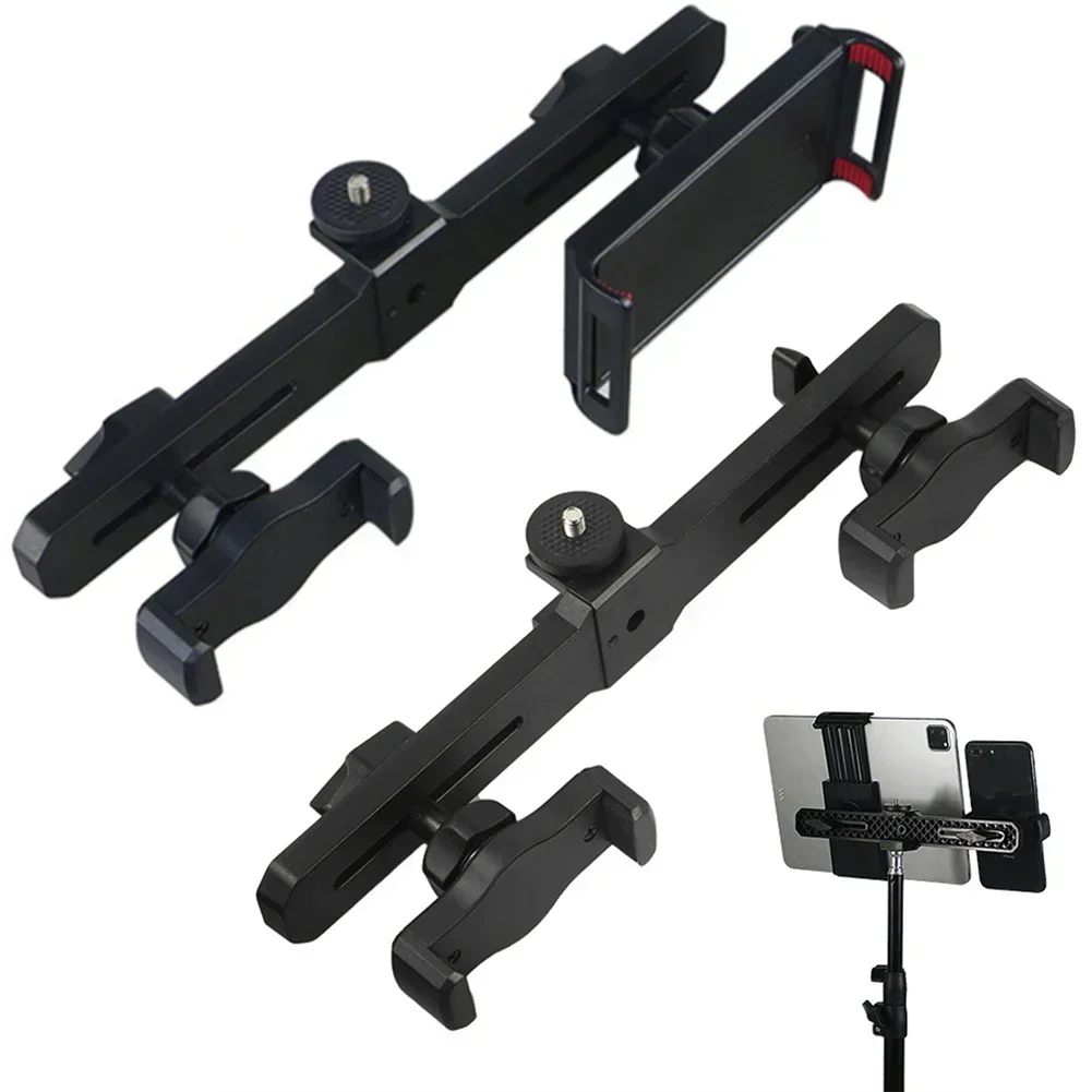 Universal Microphone Stand Double Cell Phone Tablet Holder Tablet Clamp 1/4in Adapter Multi-purpose Live Broadcast Bracket