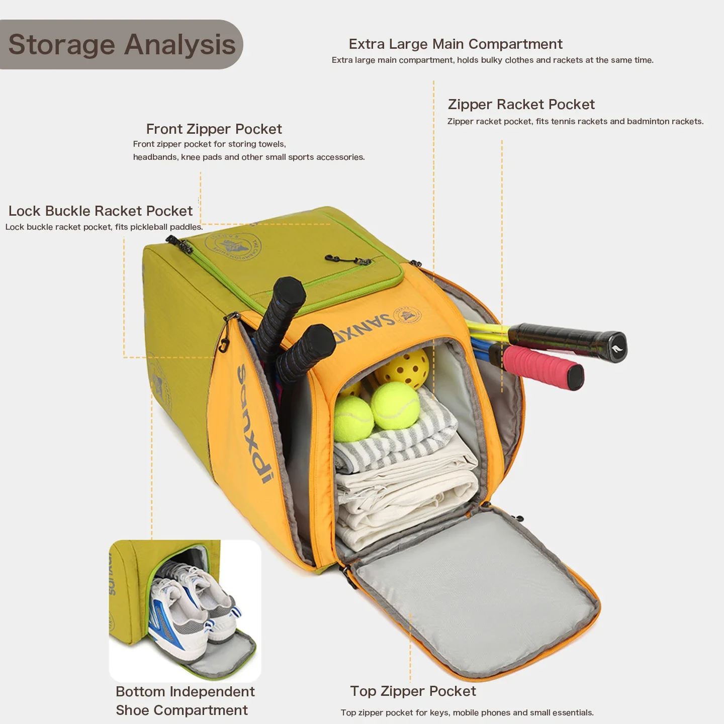 Racket Backpack Multi Sport Racket Bag with Shoe Compartment for Pickleball Badminton Table Tennis Tennis Gear Storage & Travel